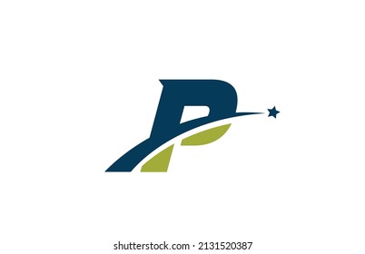 blue green P alphabet letter logo icon with star. Creative design for business or company with swoosh
