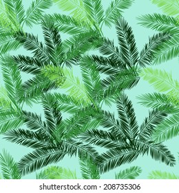 Blue and green palm leaf vector seamless pattern