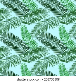 Blue and green palm seamless vector pattern. Palm leaves green hawaiian background.