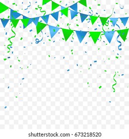 Blue Green Party Flags With Confetti And Ribbon Falling On Transparent Background. Celebration & Birthday. Vector Illustration