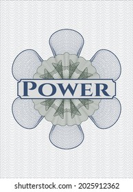 Blue and green passport emblem with text Power inside