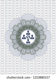 Blue and green passport money rosette with business teamwork and money icon inside