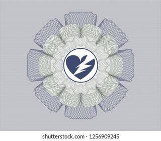 Blue and green passport money rosette with broken heart icon inside