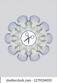Blue and green passport money rosette with scissors icon inside