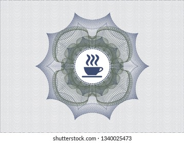Blue and green passport money rosette with coffee cup icon inside
