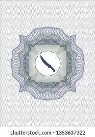 Blue and green passport money rosette with combat knife icon inside