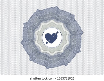 Blue and green passport money rosette with heart with arrow icon inside