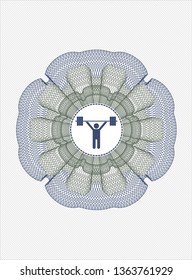Blue and green passport money rosette with weightlifting icon inside