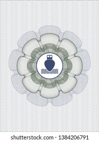 Blue and green passport money rosette with ship icon inside