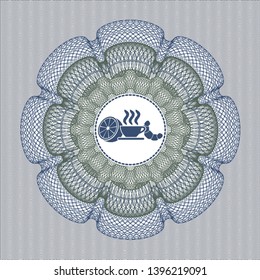Blue and green passport money rosette with breakfast  icon inside