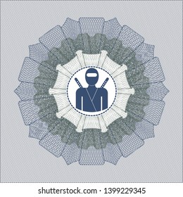 Blue and green passport money rosette with ninja icon inside