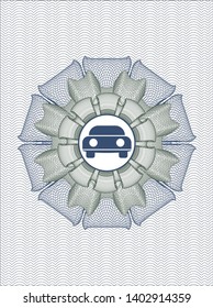 Blue and green passport money rosette with car seen from front icon inside