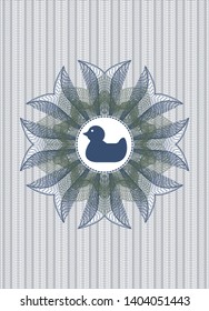 Blue and green passport money rosette with rubber duck icon inside