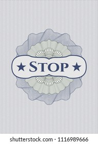 Blue and green passport money rossete with text Stop inside