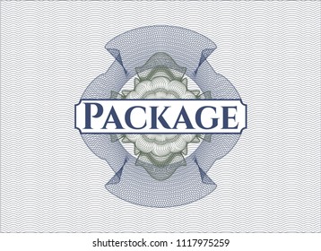 Blue and green passport money rossete with text Package inside