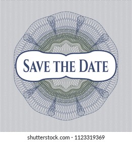 Blue and green passport money rossete with text Save the Date inside