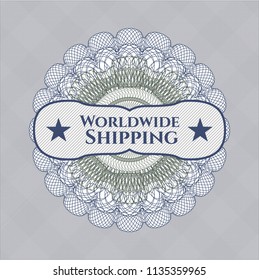 Blue and green passport money rossete with text Worldwide Shipping inside