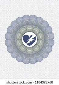 Blue and green passport money rossete with broken heart icon inside