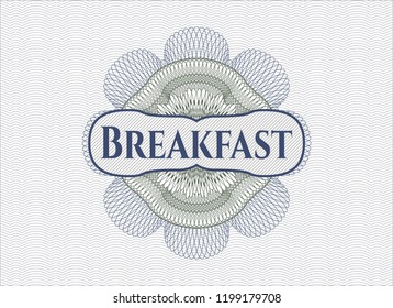 Blue and green passport money rossete with text Breakfast inside