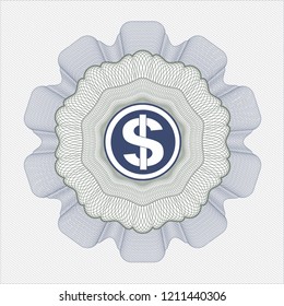 Blue and green passport money rossete with money icon inside