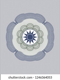 Blue and green passport money rossete with sun icon inside