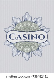 Blue and green passport money rossete with text Casino inside