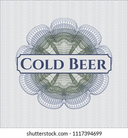 Blue and green passport money style rossete with text Cold Beer inside