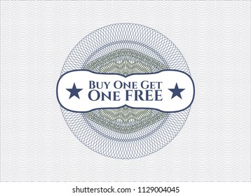 Blue and green passport money style rossete with text Buy one get One Free inside