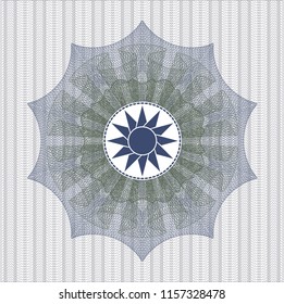 Blue and green passport money style rossete with sun icon inside