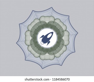 Blue and green passport money style rossete with rocket icon inside
