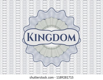 Blue and green passport money style rossete with text Kingdom inside
