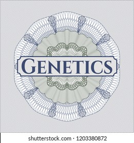 Blue and green passport money style rossete with text Genetics inside