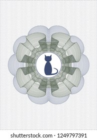 Blue and green passport money style rossete with cat icon inside
