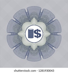 Blue and green passport money style rosette with stack of coins icon inside