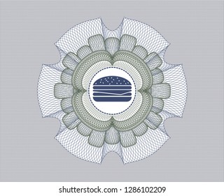 Blue and green passport money style rosette with cheeseburger icon inside