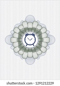 Blue and green passport money style rosette with alarm clock icon inside