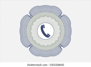 Blue and green passport money style rosette with old phone icon inside