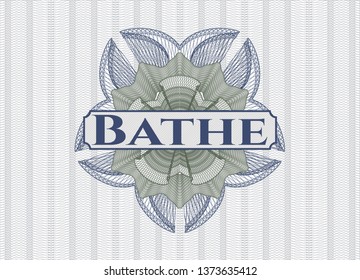 Blue and green passport money style rosette with text Bathe inside