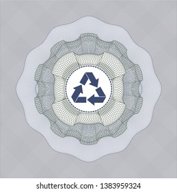 Blue and green passport money style rosette with recycle icon inside