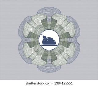 Blue and green passport money style rosette with chicken dish icon inside