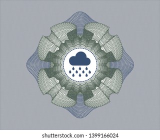 Blue and green passport money style rosette with rain icon inside