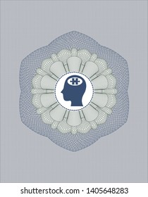 Blue and green passport money style rosette with head with jigsaw puzzle piece icon inside