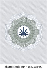 Blue and green passport money style rosette with weed leaf icon inside