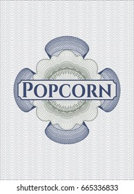 Blue and green passport money style rossete with text Popcorn inside