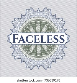 Blue and green passport money style rossete with text Faceless inside