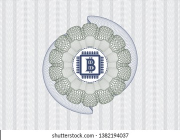 Blue and green passport rosette with bitcoin chip (cryptocurrency mining concept) icon inside