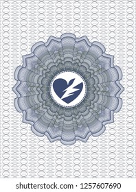 Blue and green passport rosette with broken heart icon inside