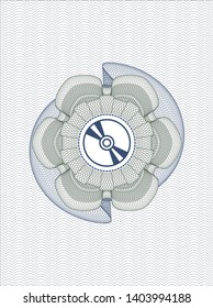 Blue and green passport rosette with CD or DVD disc icon inside