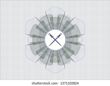 Blue and green passport rosette with crossed swords icon inside