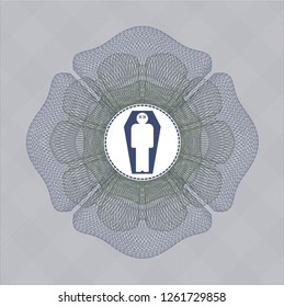 Blue and green passport rosette with dead man in his coffin icon inside